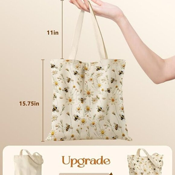 Floral Bumble Bee Canvas Tote Bag with Pockets - Aesthetic Reusable Totes - Picture 5 of 6